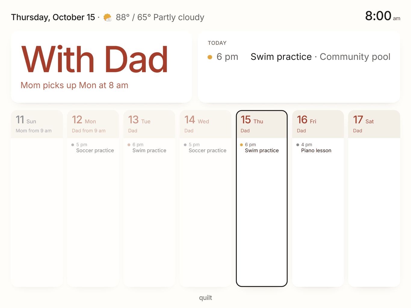 Wall mode on an iPad: With Dad, Mom picks up Monday at 8 am, today's swim practice, and the week in two colours